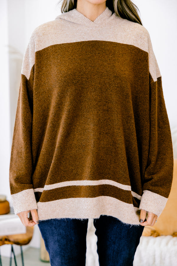 Chic Soul plus size clothing, oatmeal colored sweater with brown striped accents 