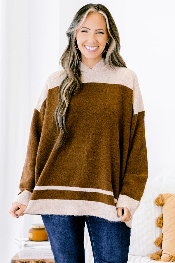 Chic Soul plus size clothing, oatmeal colored sweater with brown striped accents 
