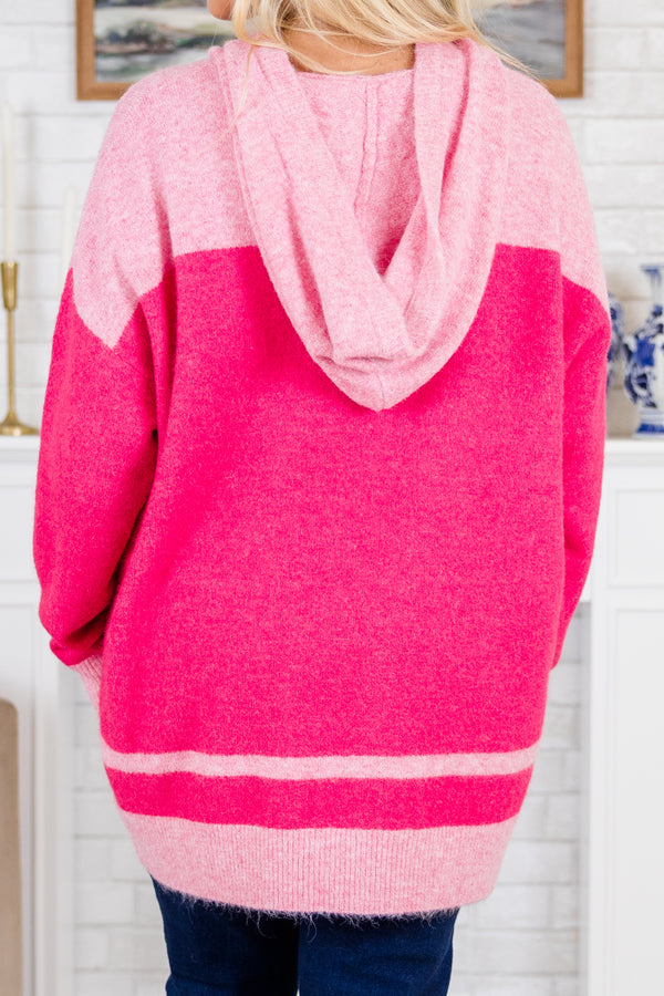 Chic Soul plus size clothing, long-sleeve pink sweater with hoodie and dark pink color block striped pattern