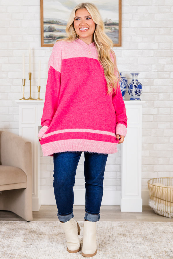 Chic Soul plus size clothing, long-sleeve pink sweater with hoodie and dark pink color block striped pattern 