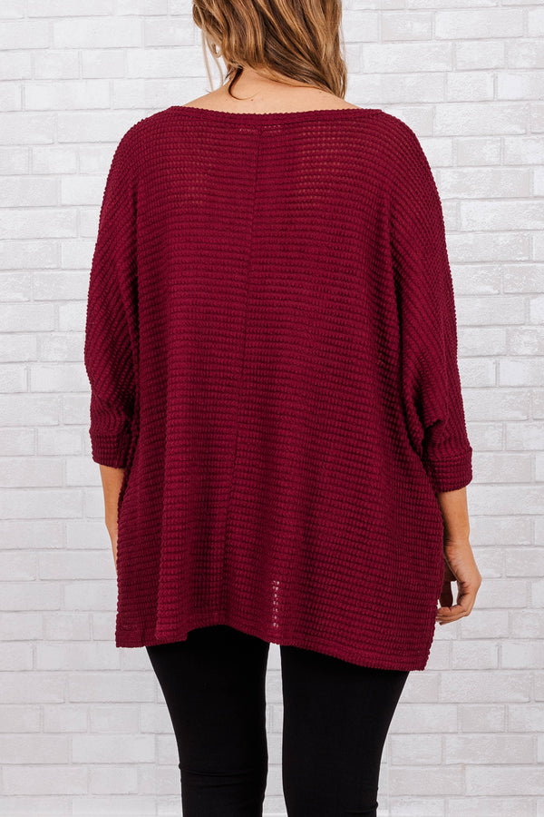 Chic Soul plus size clothing, cabernet colored waffle knit top with 3/4 sleeves