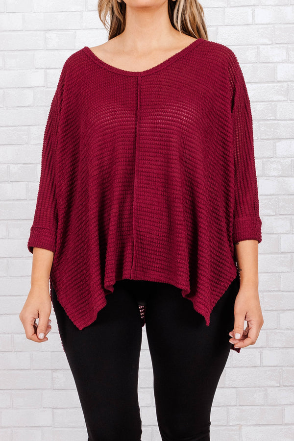 Chic Soul plus size clothing, cabernet colored waffle knit top with 3/4 sleeves