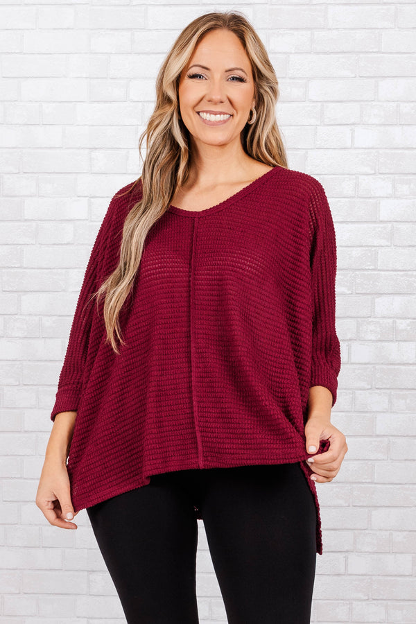 Chic Soul plus size clothing, cabernet colored waffle knit top with 3/4 sleeves