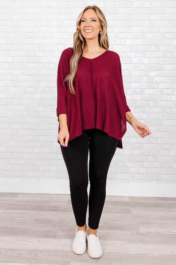 Chic Soul plus size clothing, cabernet colored waffle knit top with 3/4 sleeves