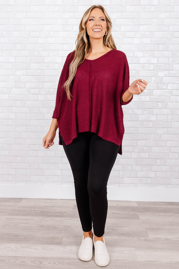 Chic Soul plus size clothing, cabernet colored waffle knit top with 3/4 sleeves