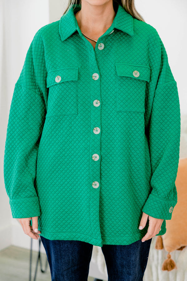 Chic Soul plus size clothing, green quilted button up shacket with 2 front chest pockets
