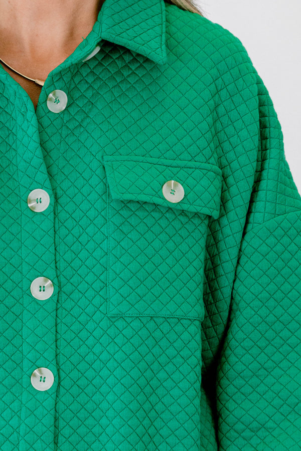 Chic Soul plus size clothing, green quilted button up shacket with 2 front chest pockets