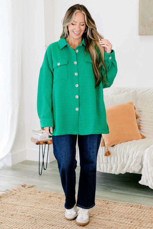 Chic Soul plus size clothing, green quilted button up shacket with 2 front chest pockets