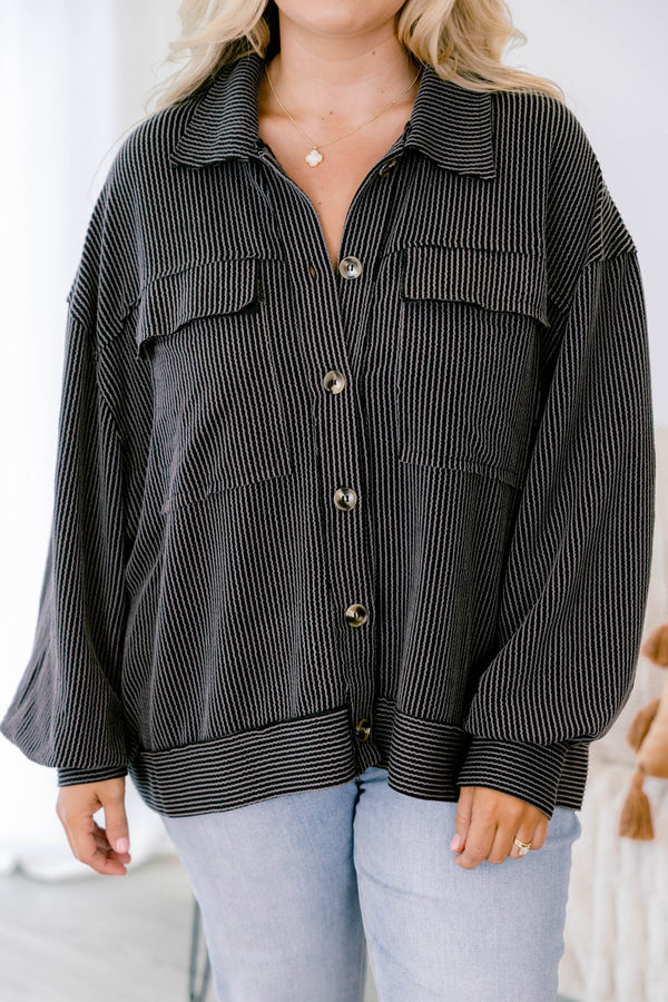 Chic Soul plus size clothing, black striped long sleeve top with two breast pockets, five buttons down the front and a collar
