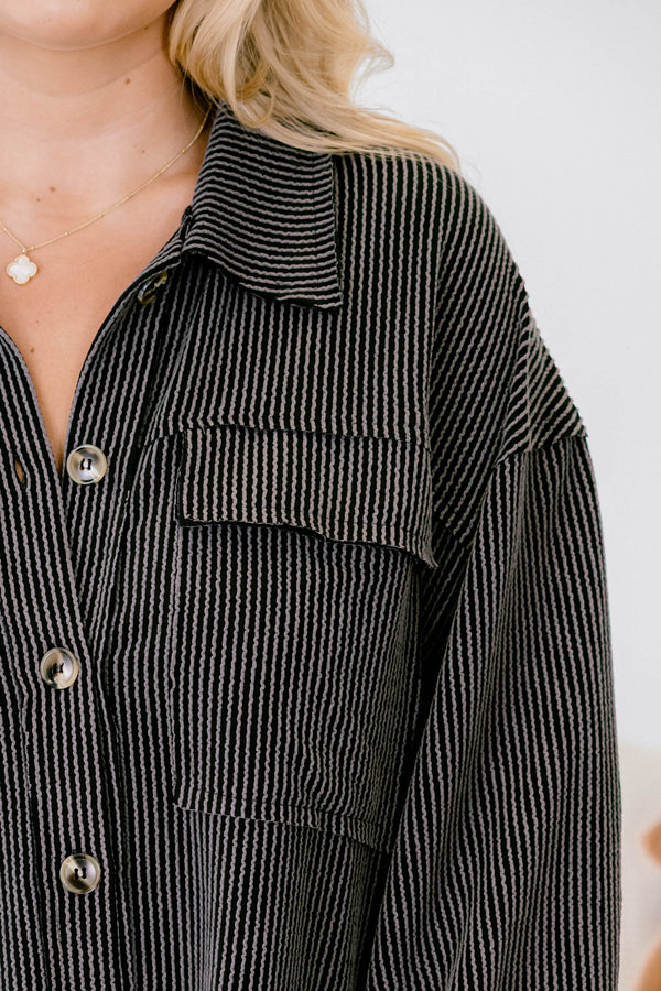 Chic Soul plus size clothing, black striped long sleeve top with two breast pockets, five buttons down the front and a collar