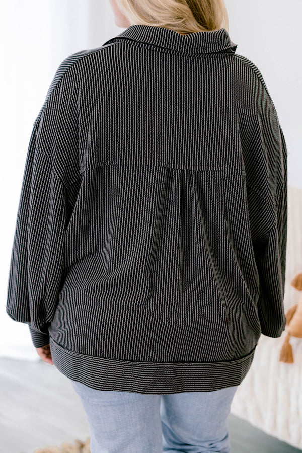 Chic Soul plus size clothing, black striped long sleeve top with two breast pockets, five buttons down the front and a collar