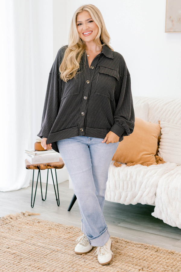 Chic Soul plus size clothing, black striped long sleeve top with two breast pockets, five buttons down the front and a collar