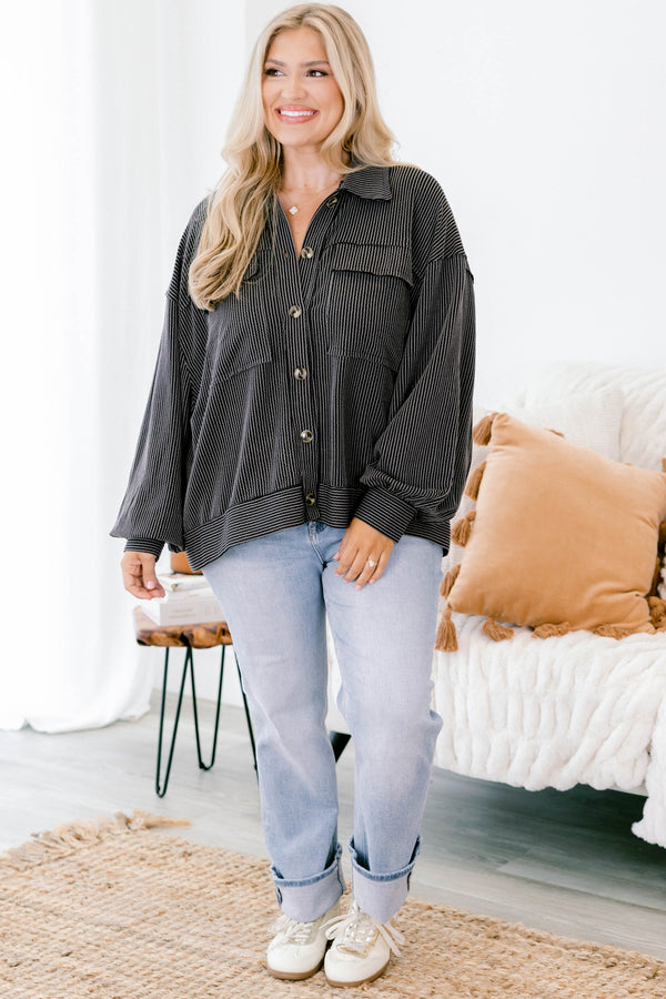 Chic Soul plus size clothing, black striped long sleeve top with two breast pockets, five buttons down the front and a collar