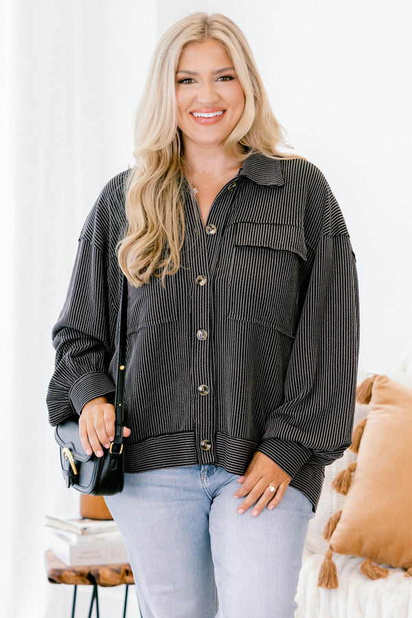 Chic Soul plus size clothing, black striped long sleeve top with two breast pockets, five buttons down the front and a collar