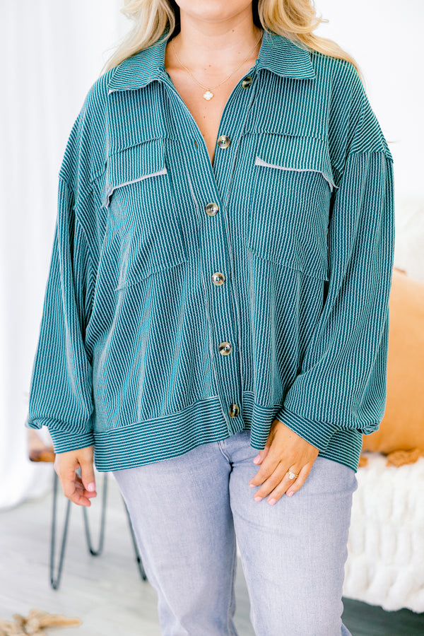 Chic Soul plus size clothing, jade green long sleeve button down top with two breast pockets