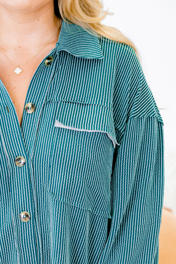 Chic Soul plus size clothing, jade green long sleeve button down top with two breast pockets