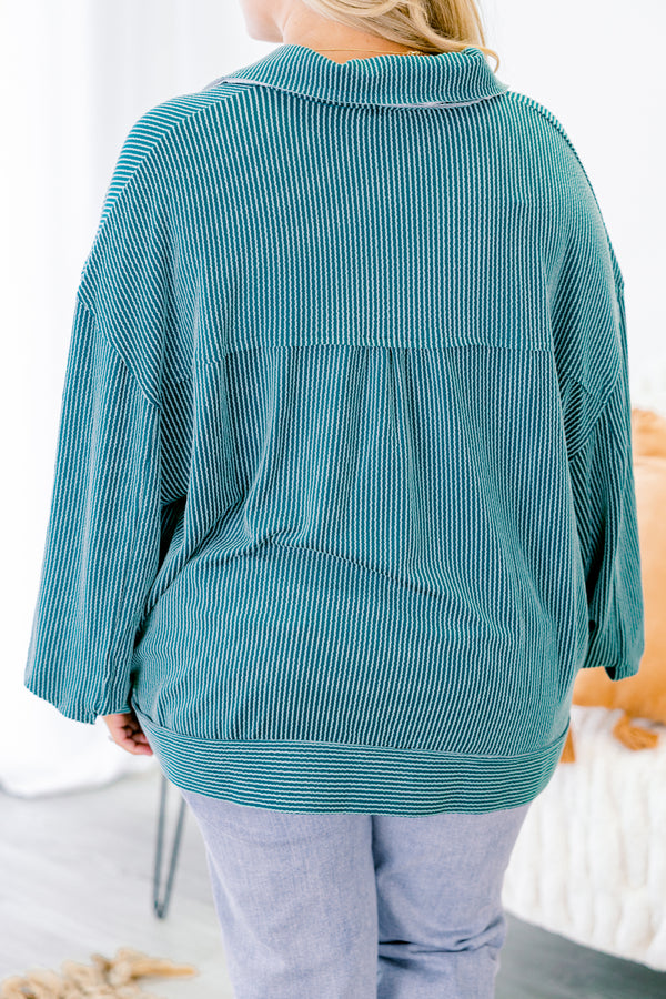 Chic Soul plus size clothing, jade green long sleeve button down top with two breast pockets