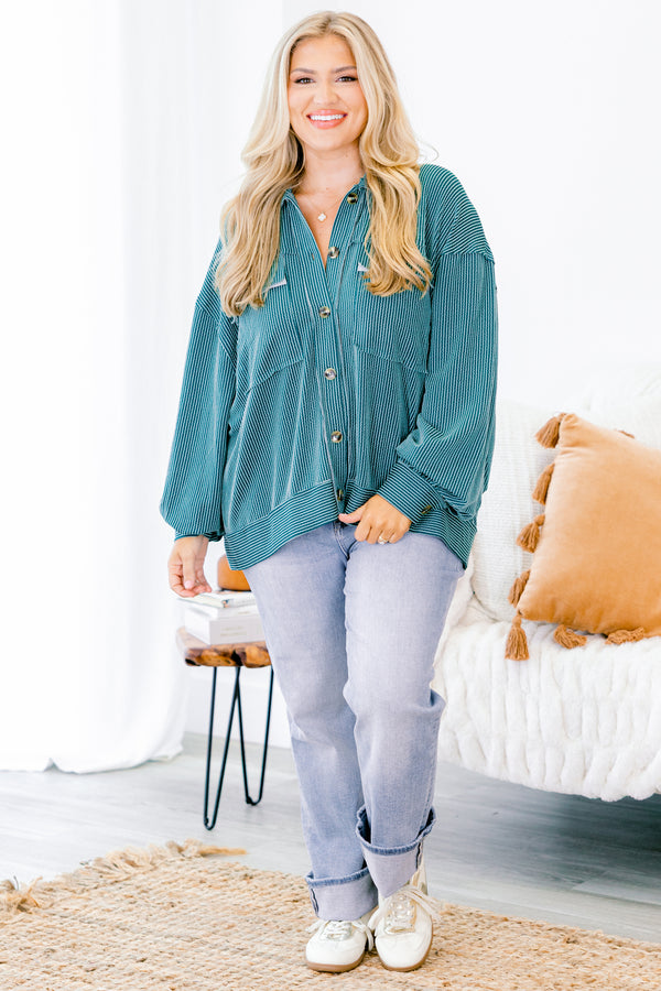 Chic Soul plus size clothing, jade green long sleeve button down top with two breast pockets