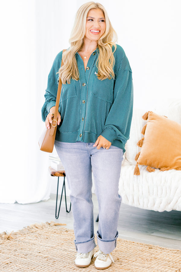 Chic Soul plus size clothing, jade green long sleeve button down top with two breast pockets