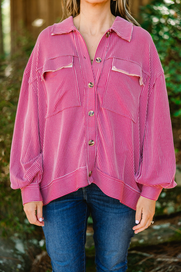 Chic Soul plus size clothing, mauve button up long sleeve top with  a pocket on each side of the chest and a ribbed texture 