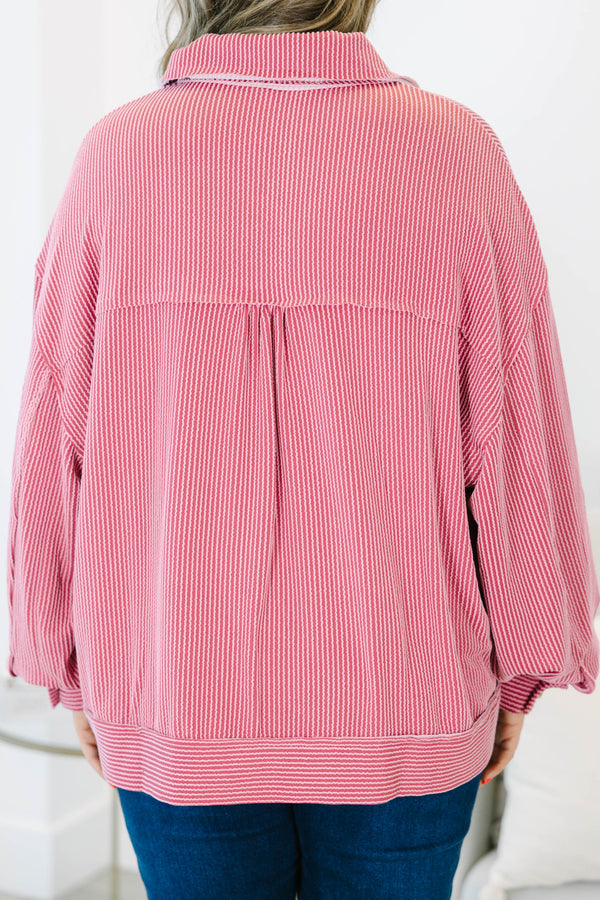 Chic Soul plus size clothing, mauve button up long sleeve top with  a pocket on each side of the chest and a ribbed texture 