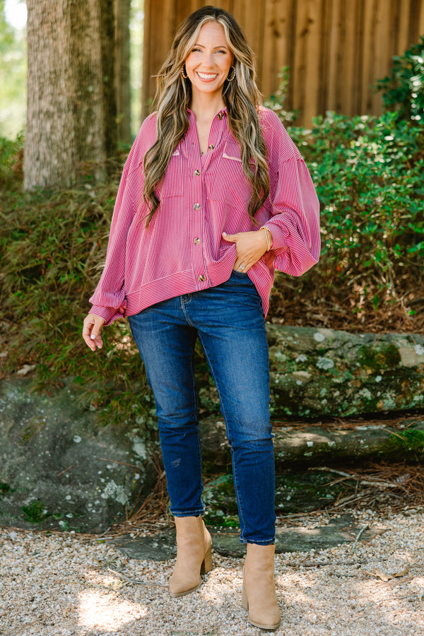 Chic Soul plus size clothing, mauve button up long sleeve top with  a pocket on each side of the chest and a ribbed texture 