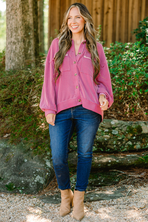 Chic Soul plus size clothing, mauve button up long sleeve top with  a pocket on each side of the chest and a ribbed texture 