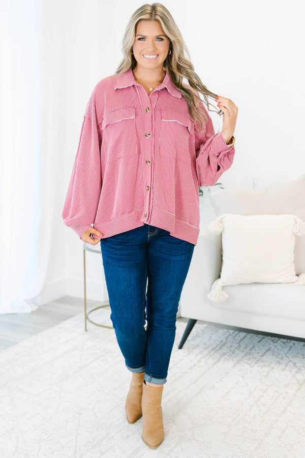 Chic Soul plus size clothing, mauve button up long sleeve top with  a pocket on each side of the chest and a ribbed texture 