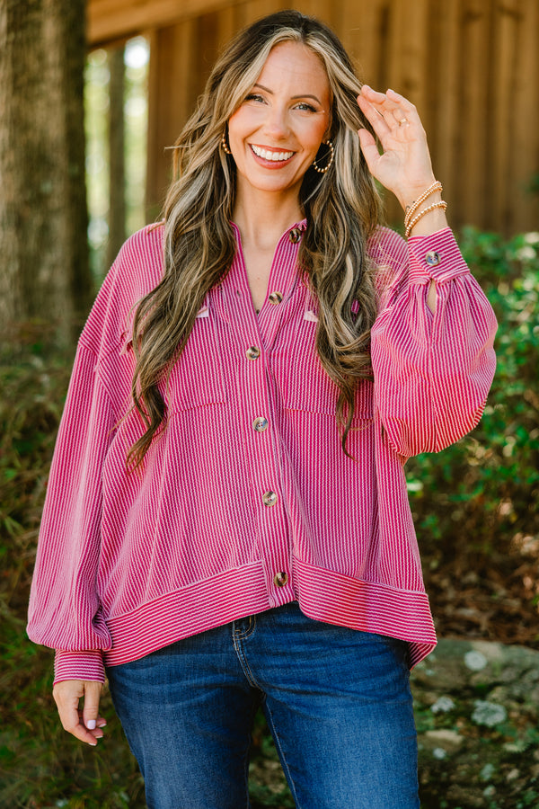 Chic Soul plus size clothing, mauve button up long sleeve top with  a pocket on each side of the chest and a ribbed texture 