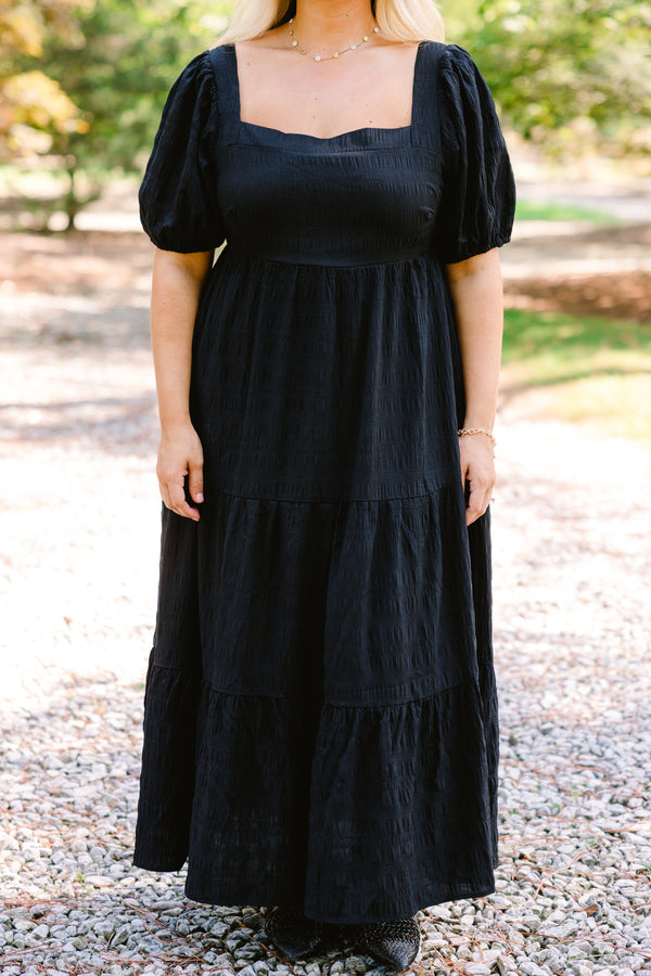Chic Soul plus size clothing, black maxi dress with bubbles square neckline and a subtle floral pattern 