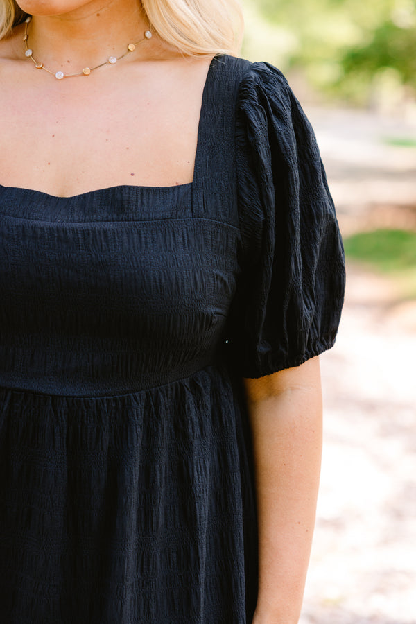 Chic Soul plus size clothing, black maxi dress with bubbles square neckline and a subtle floral pattern 