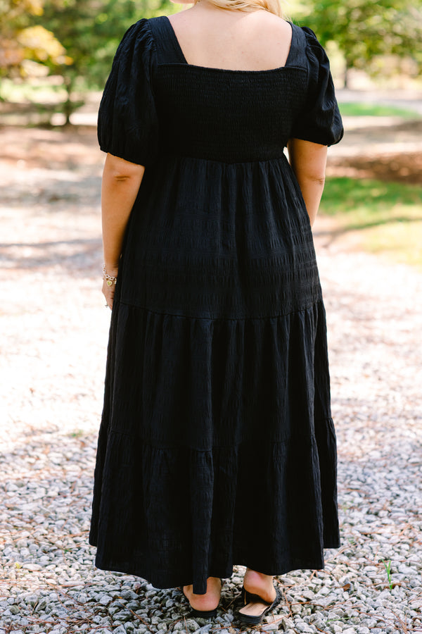 Chic Soul plus size clothing, black maxi dress with bubbles square neckline and a subtle floral pattern 