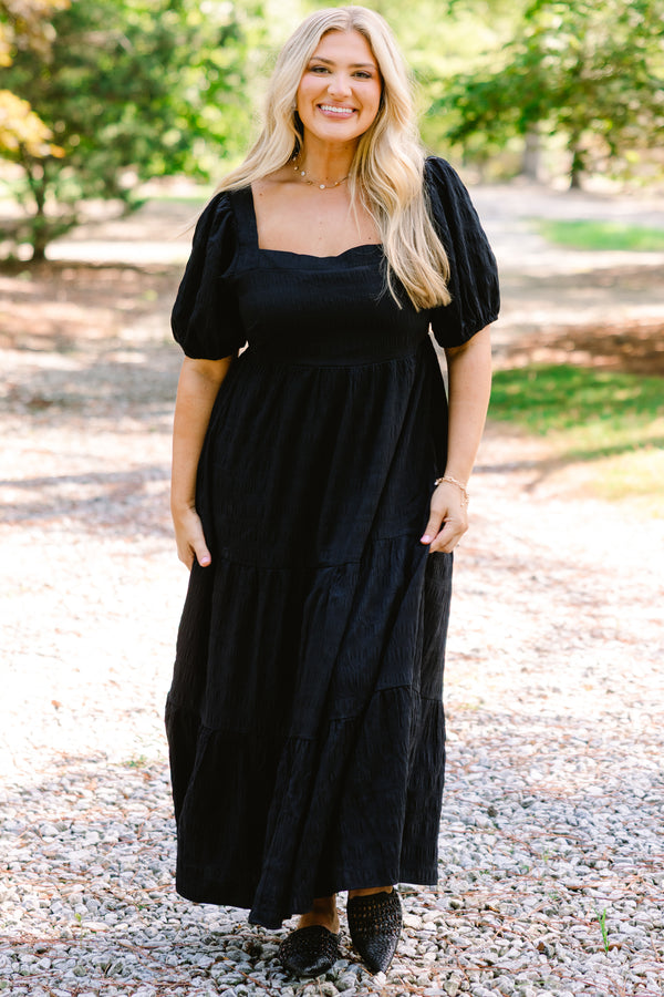 Chic Soul plus size clothing, black maxi dress with bubbles square neckline and a subtle floral pattern 