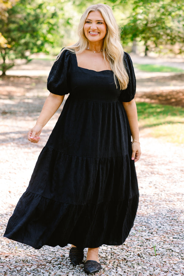 Chic Soul plus size clothing, black maxi dress with bubbles square neckline and a subtle floral pattern 