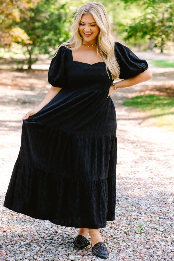 Chic Soul plus size clothing, black maxi dress with bubbles square neckline and a subtle floral pattern 