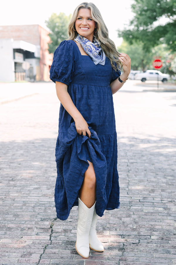 Chic Soul plus size clothing, puffed short-sleeve navy blue ruffled midi dress with smocked bodice and square neckline 