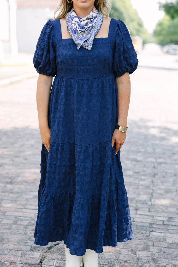 Chic Soul plus size clothing, puffed short-sleeve navy blue ruffled midi dress with smocked bodice and square neckline 