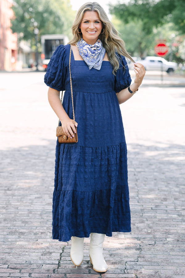 Chic Soul plus size clothing, puffed short-sleeve navy blue ruffled midi dress with smocked bodice and square neckline 
