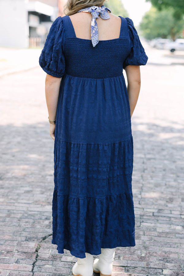 Chic Soul plus size clothing, puffed short-sleeve navy blue ruffled midi dress with smocked bodice and square neckline 