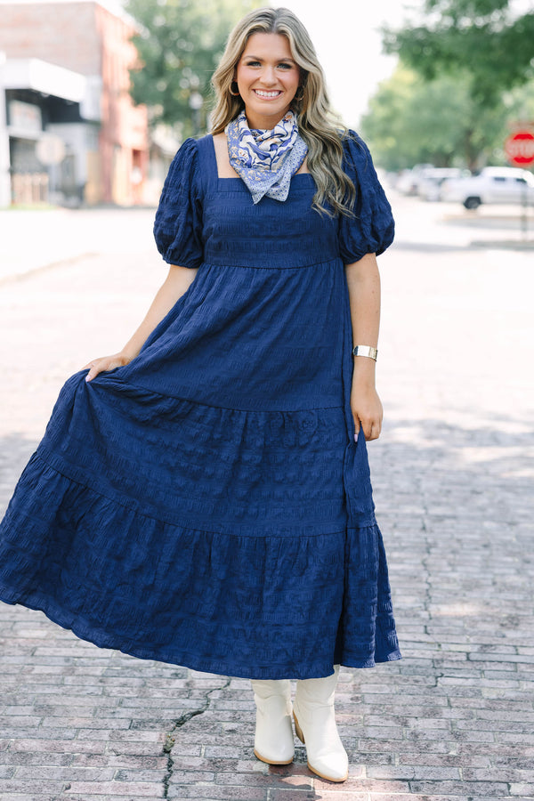 Chic Soul plus size clothing, puffed short-sleeve navy blue ruffled midi dress with smocked bodice and square neckline 