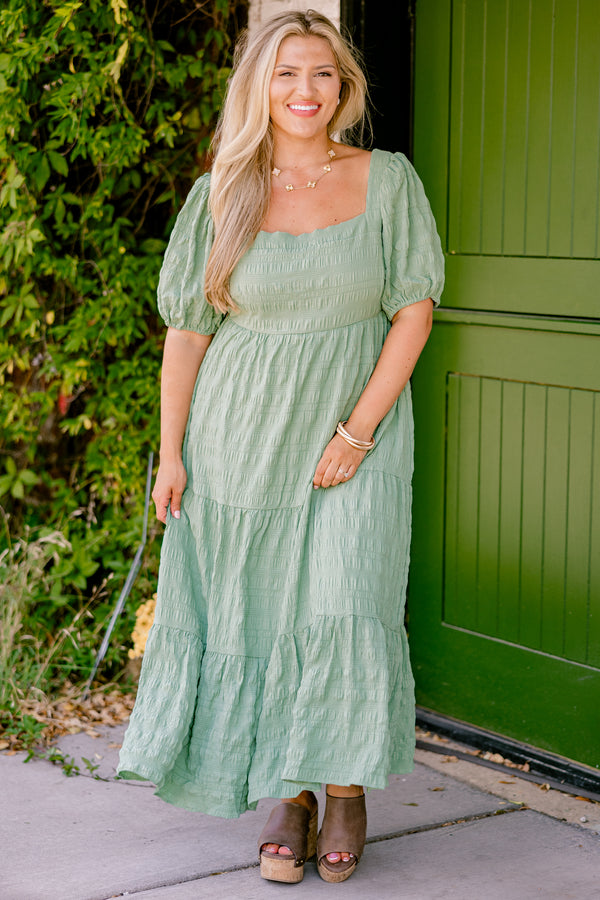 Chic Soul plus size clothing, olive tiered maxi dress with a square neckline and bubble sleeves 