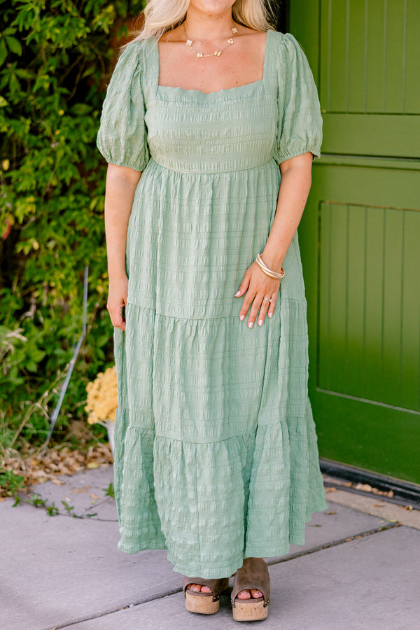 Chic Soul plus size clothing, olive tiered maxi dress with a square neckline and bubble sleeves 