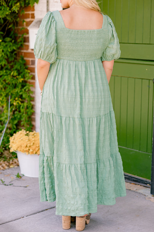 Chic Soul plus size clothing, olive tiered maxi dress with a square neckline and bubble sleeves 
