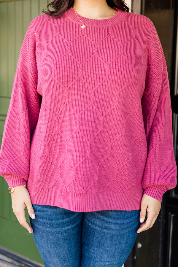 Chic Soul plus size clothing, long-sleeve pink knit sweater with scoop-neckline 