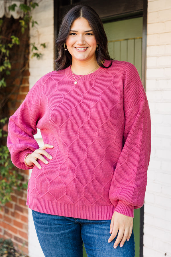 Chic Soul plus size clothing, long-sleeve pink knit sweater with scoop-neckline 