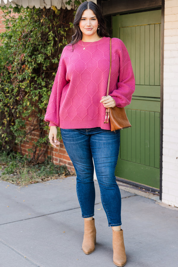 Chic Soul plus size clothing, long-sleeve pink knit sweater with scoop-neckline 