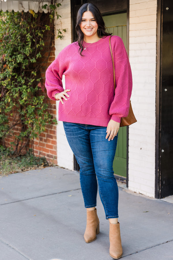 Chic Soul plus size clothing, long-sleeve pink knit sweater with scoop-neckline 