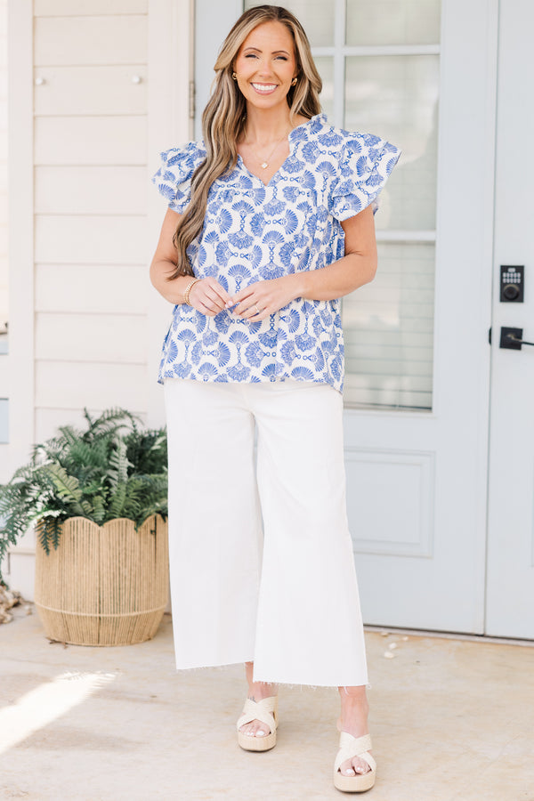 Chic Soul plus size clothing, blue-ivory top with fan block printing