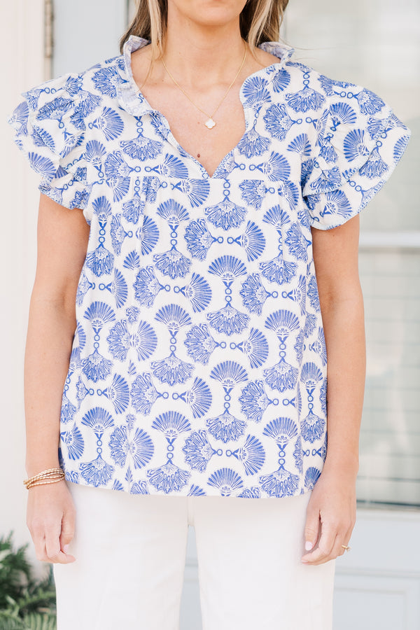 Chic Soul plus size clothing, blue-ivory top with fan block printing