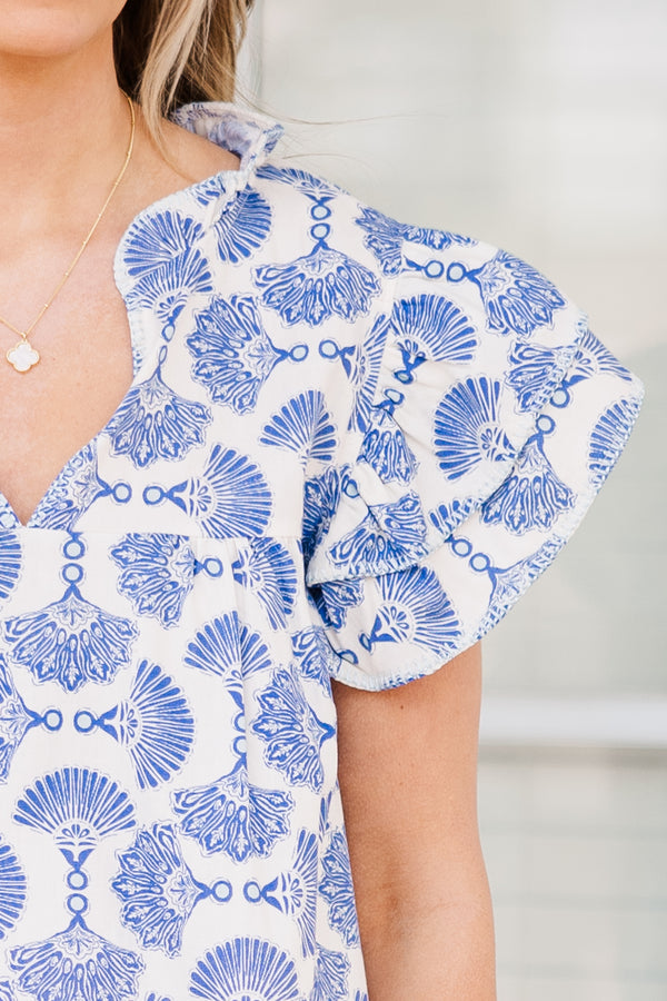 Chic Soul plus size clothing, blue-ivory top with fan block printing